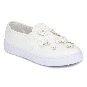 OLIVIA MILLER Faux Leather Floral Accent Slip-on Sneakers